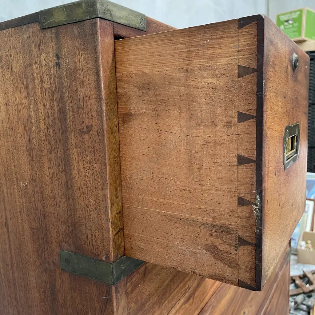 Magnificent English 19th Century Campaign 7 Drawer Chest with Drop Front Desk. H1.48m W1.07m D60cm Image 1++