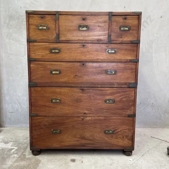 Magnificent English 19th Century Campaign 7 Drawer Chest with Drop Front Desk. H1.48m W1.07m D60cm