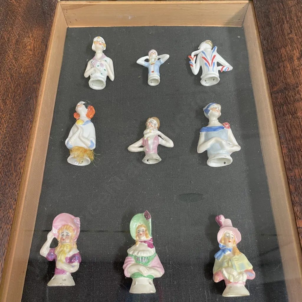 Vintage Oak Box Framed Collection of 15 Antique handpainted half dolls, 750 x 370mm Image 1++