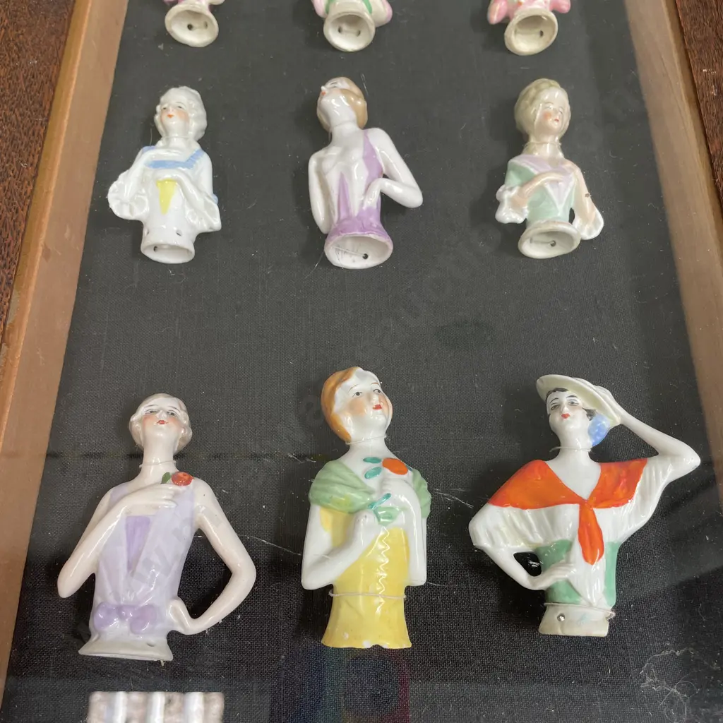 Vintage Oak Box Framed Collection of 15 Antique handpainted half dolls, 750 x 370mm Image 1++