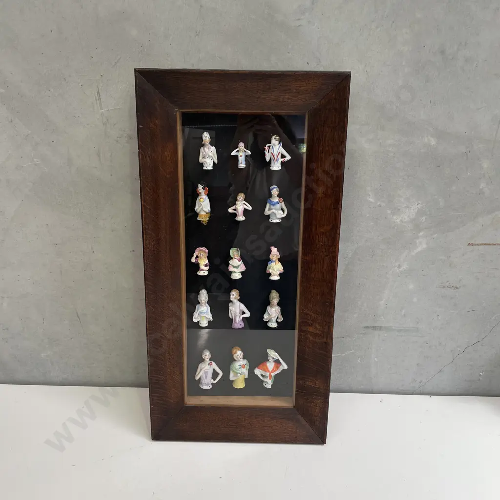 Vintage Oak Box Framed Collection of 15 Antique handpainted half dolls, 750 x 370mm Image 1++