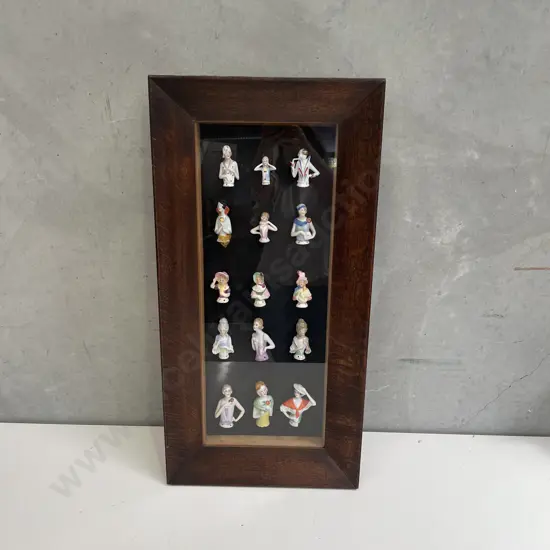 Vintage Oak Box Framed Collection of 15 Antique handpainted half dolls, 750 x 370mm