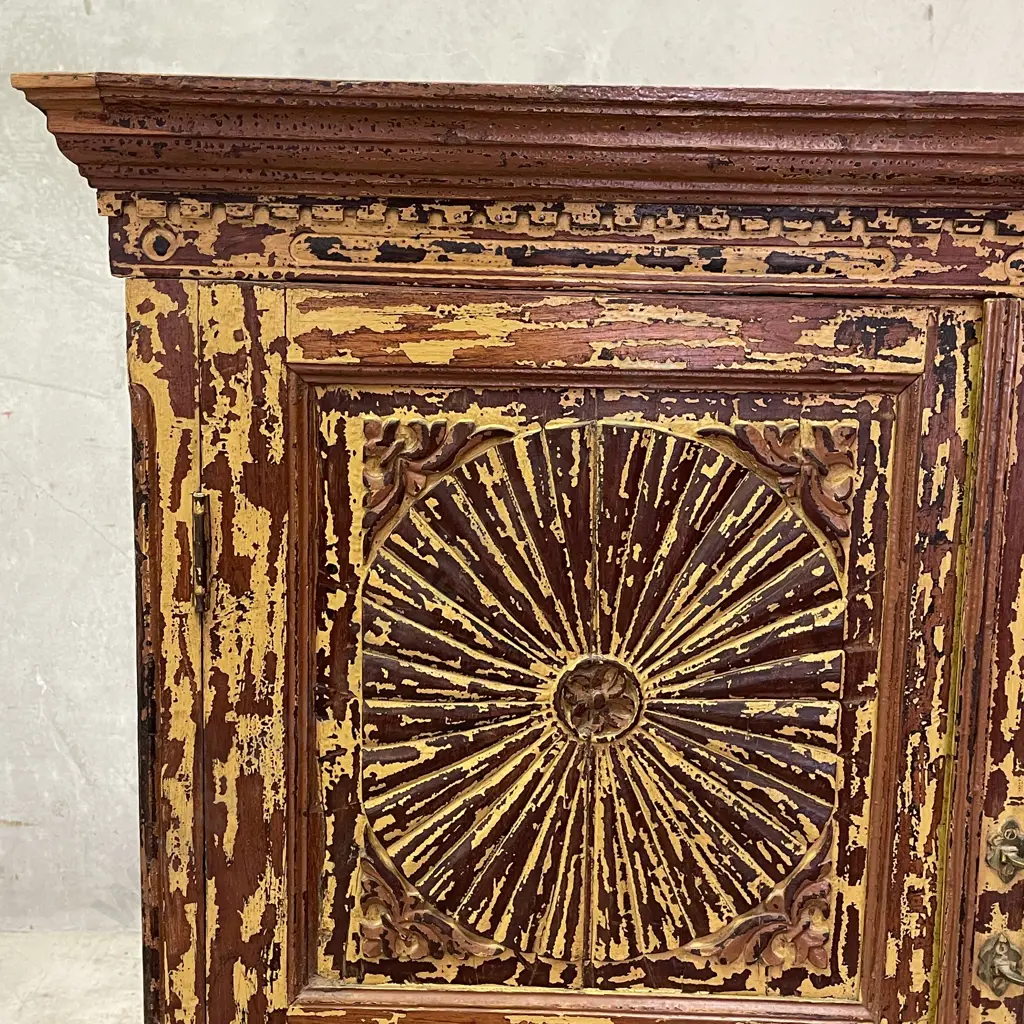 Stunning Solid Teak 2 Door, 3 Drawer Cabinet. Carved Sunburst panels. Rustic paint washed effect. H1.43m D48cm W1.16m Image 1++