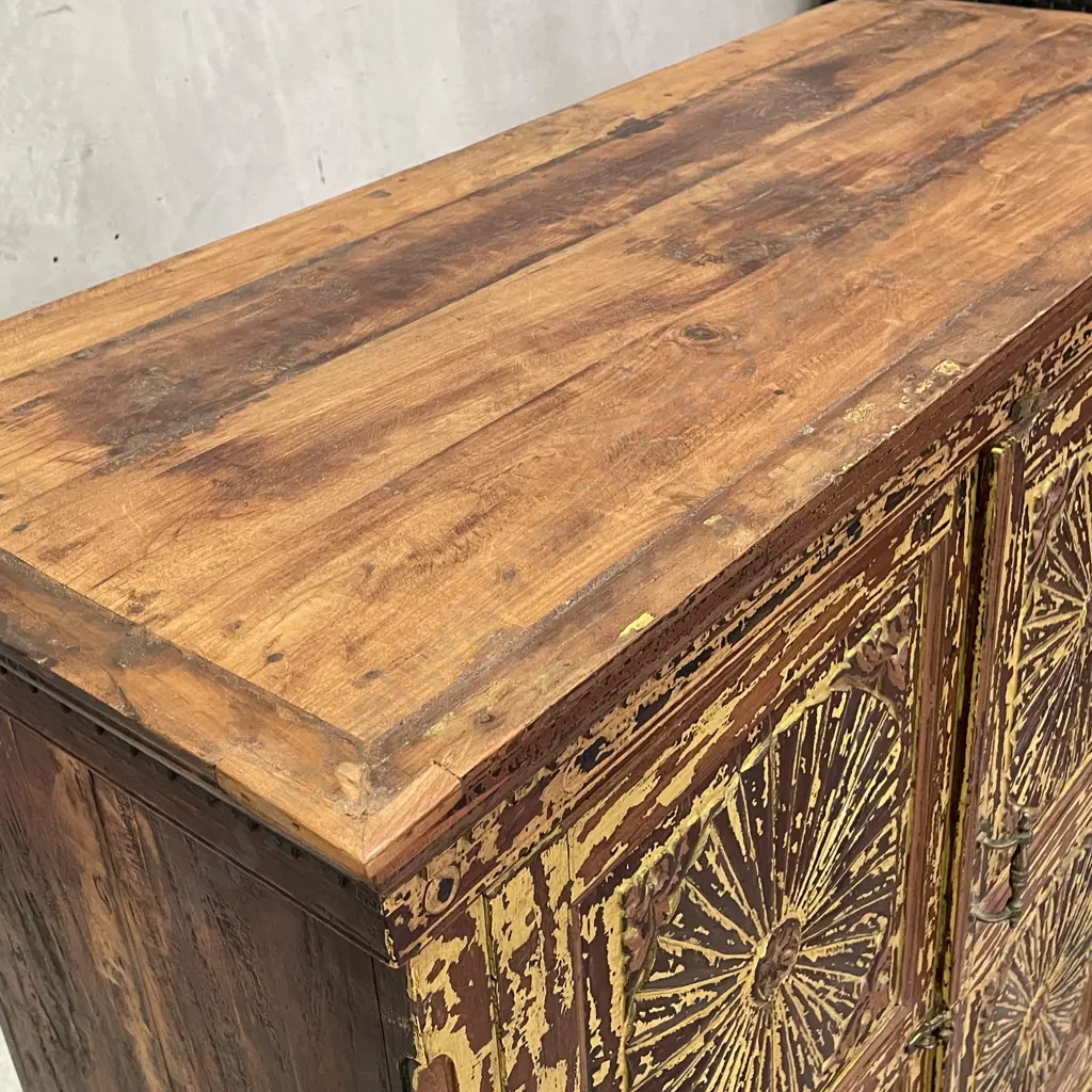 Stunning Solid Teak 2 Door, 3 Drawer Cabinet. Carved Sunburst panels. Rustic paint washed effect. H1.43m D48cm W1.16m Image 1++