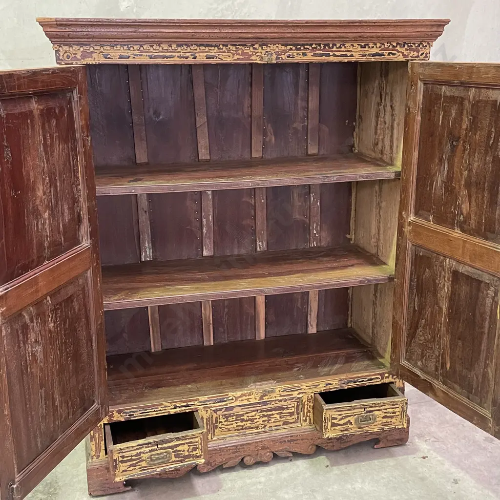 Stunning Solid Teak 2 Door, 3 Drawer Cabinet. Carved Sunburst panels. Rustic paint washed effect. H1.43m D48cm W1.16m Image 1++