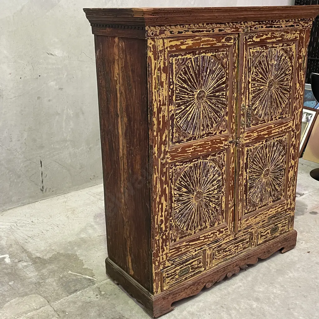 Stunning Solid Teak 2 Door, 3 Drawer Cabinet. Carved Sunburst panels. Rustic paint washed effect. H1.43m D48cm W1.16m Image 1++