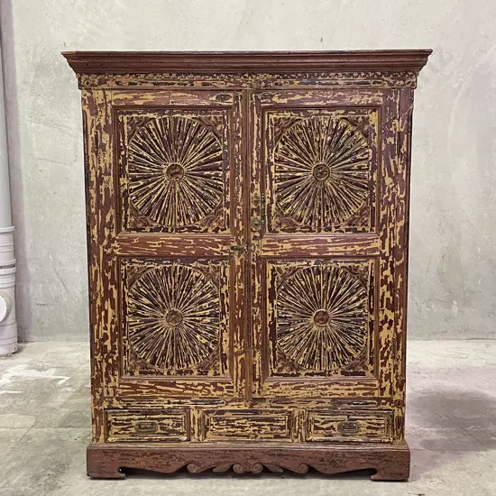 Stunning Solid Teak 2 Door, 3 Drawer Cabinet. Carved Sunburst panels. Rustic paint washed effect. H1.43m D48cm W1.16m