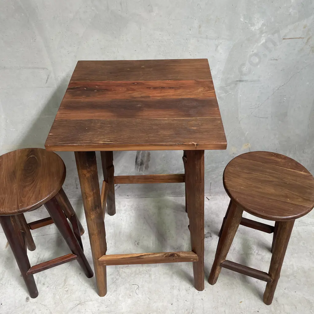3 Piece Solid Teak Bar Leaner with two Barstools. Table H1.12m Top 60cm sq. Stools H75cm Image 1++