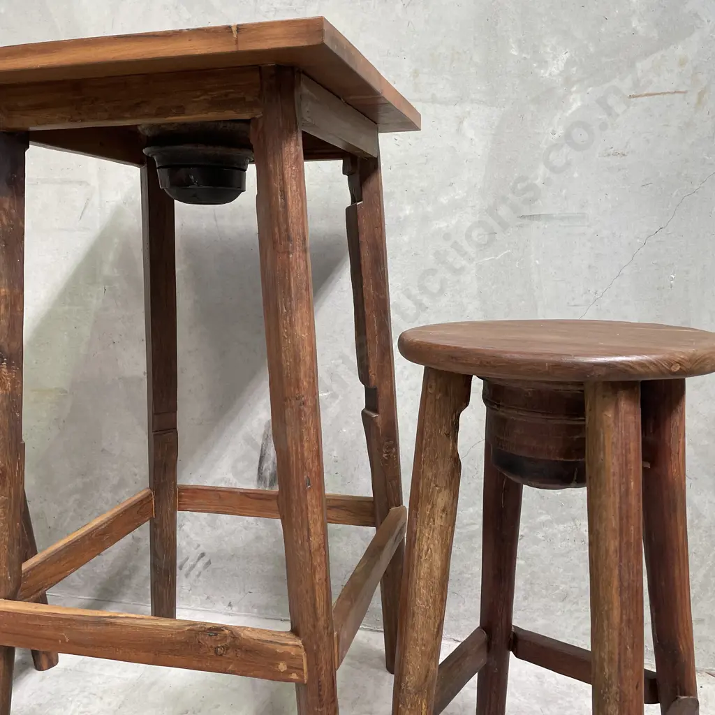 3 Piece Solid Teak Bar Leaner with two Barstools. Table H1.12m Top 60cm sq. Stools H75cm Image 1++