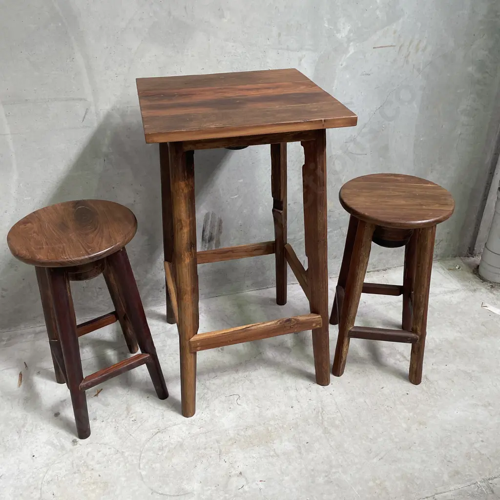 3 Piece Solid Teak Bar Leaner with two Barstools. Table H1.12m Top 60cm sq. Stools H75cm Image 1++