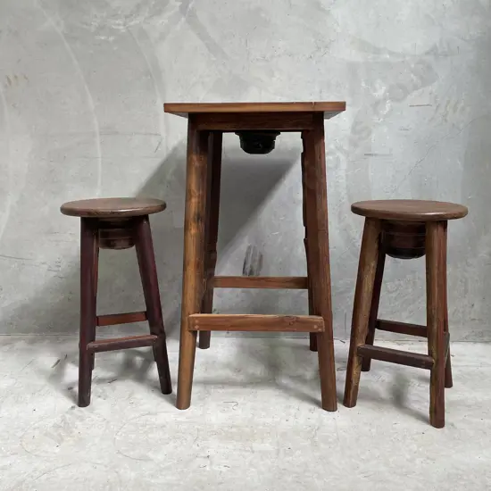 3 Piece Solid Teak Bar Leaner with two Barstools. Table H1.12m Top 60cm sq. Stools H75cm