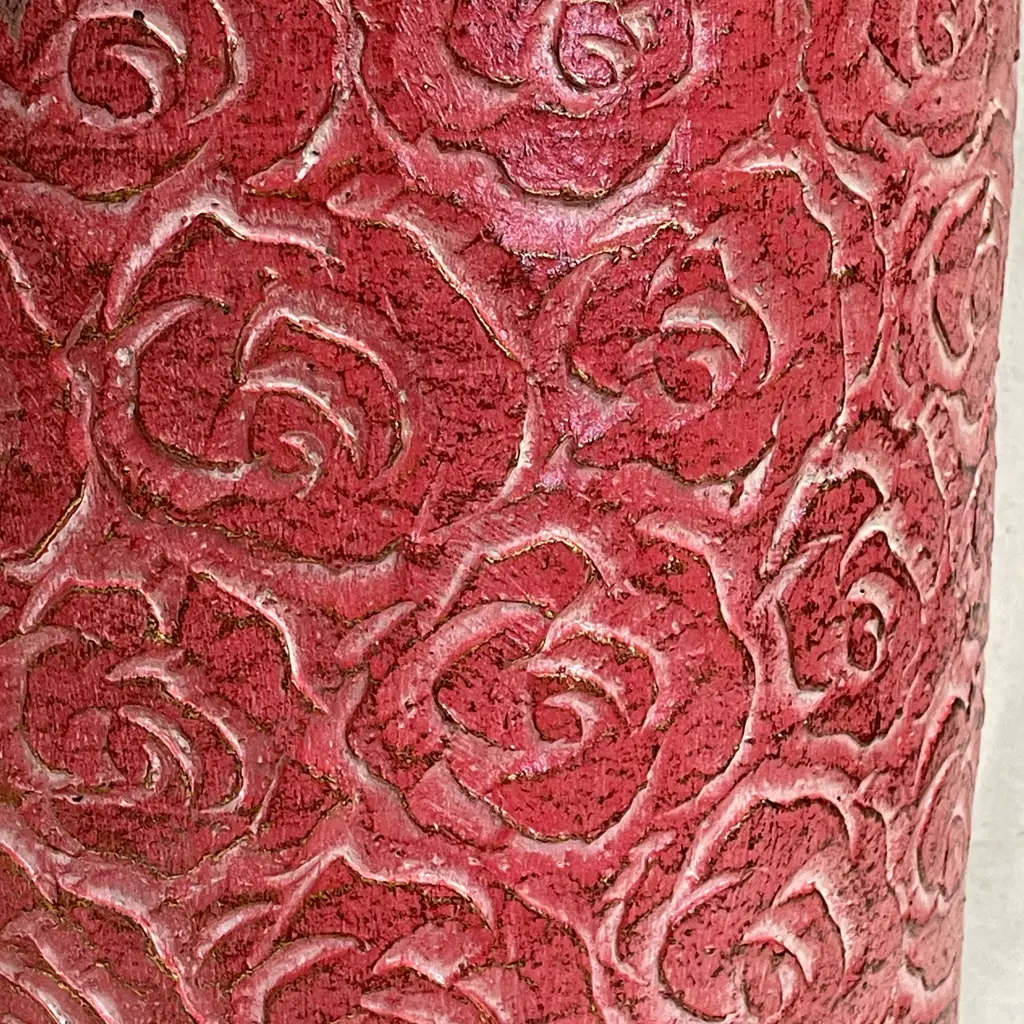 Large Cylindrical Terracotta Plant Pot with incised and handpainted red rose pattern. H64cm Dia28cm Image 1++
