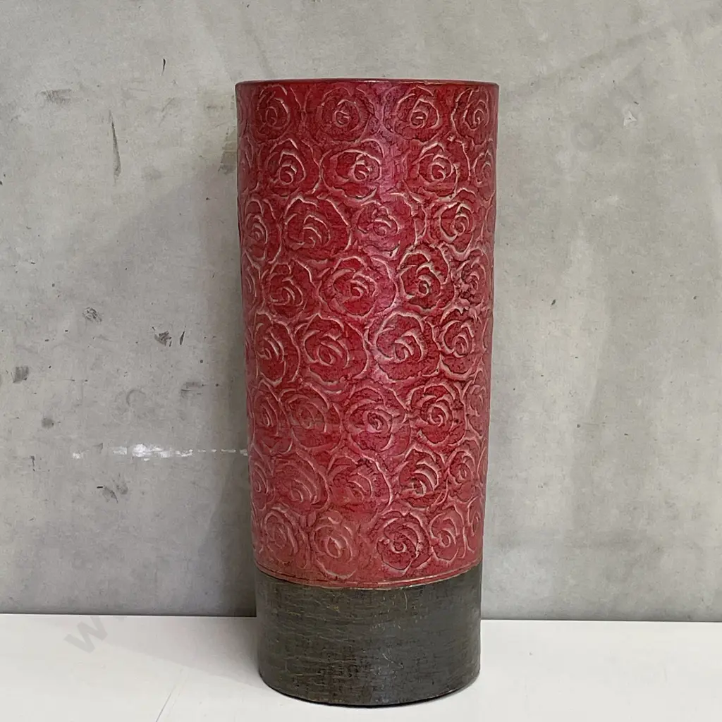 Large Cylindrical Terracotta Plant Pot with incised and handpainted red rose pattern. H64cm Dia28cm Image 1++