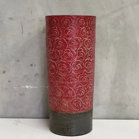 Large Cylindrical Terracotta Plant Pot with incised and handpainted red rose pattern. H64cm Dia28cm