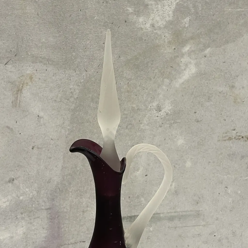 Elegant Tall Art Glass Ewer with deep purple body and frosted glass handle, finial and base. H40cm Image 1++