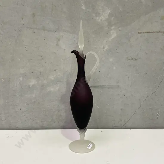 Elegant Tall Art Glass Ewer with deep purple body and frosted glass handle, finial and base. H40cm