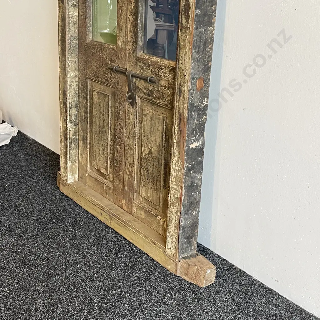 Vintage Teak Double Door with segmented glass panels (green and blue) with iron latch and brass handle. W90cm H2.13m Image 1++