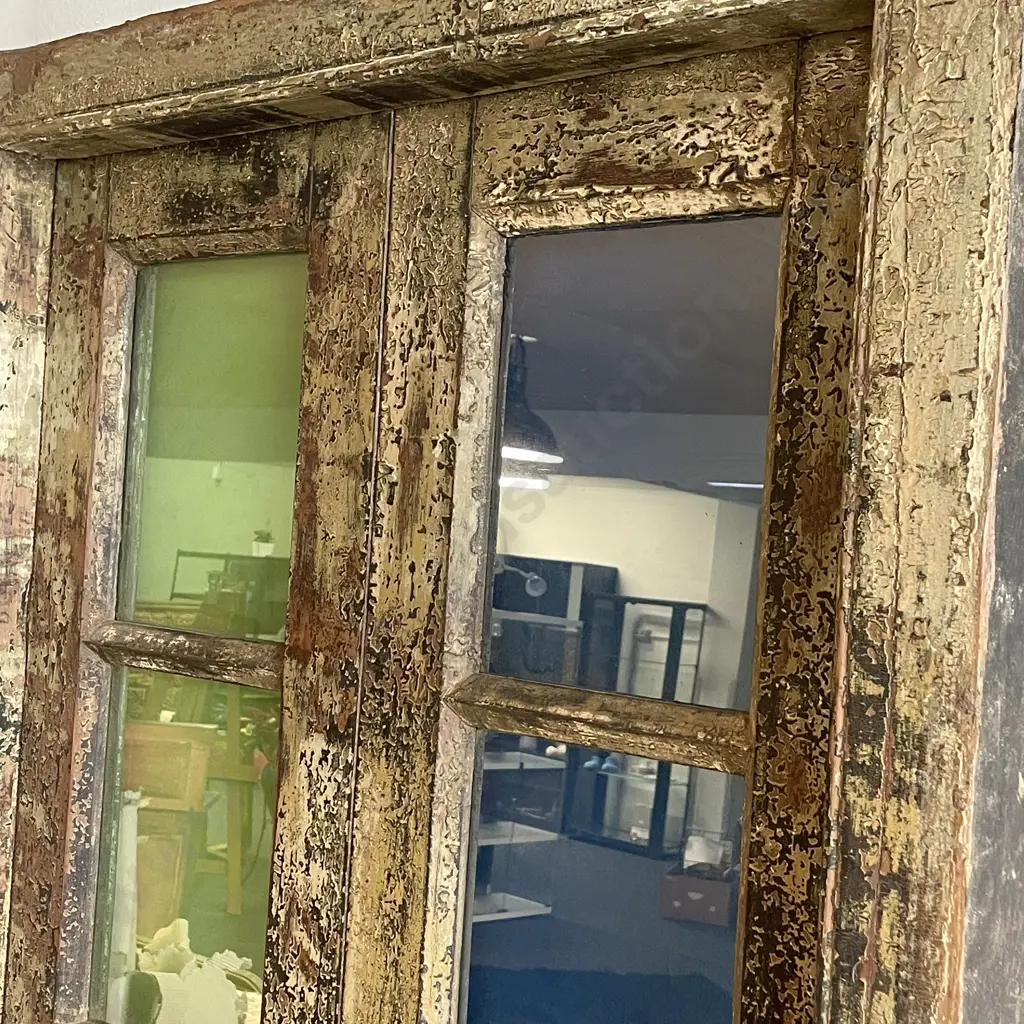 Vintage Teak Double Door with segmented glass panels (green and blue) with iron latch and brass handle. W90cm H2.13m Image 1++