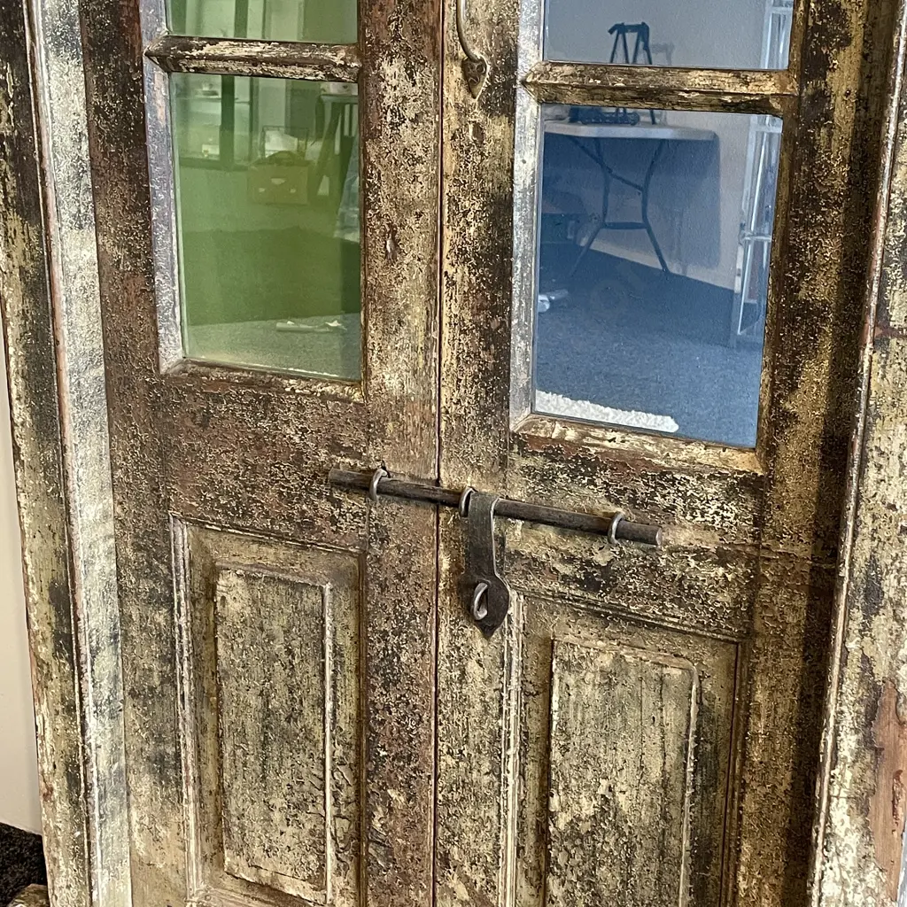 Vintage Teak Double Door with segmented glass panels (green and blue) with iron latch and brass handle. W90cm H2.13m Image 1++