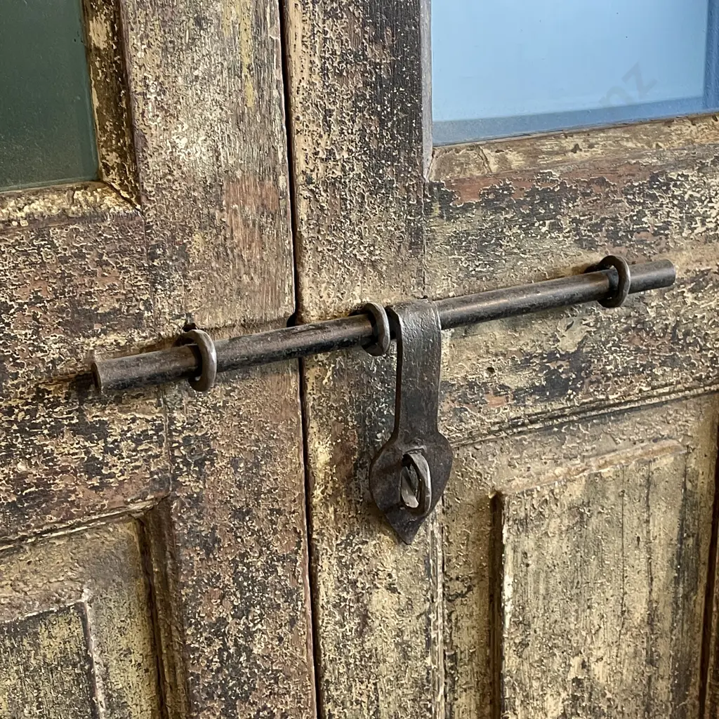 Vintage Teak Double Door with segmented glass panels (green and blue) with iron latch and brass handle. W90cm H2.13m Image 1++