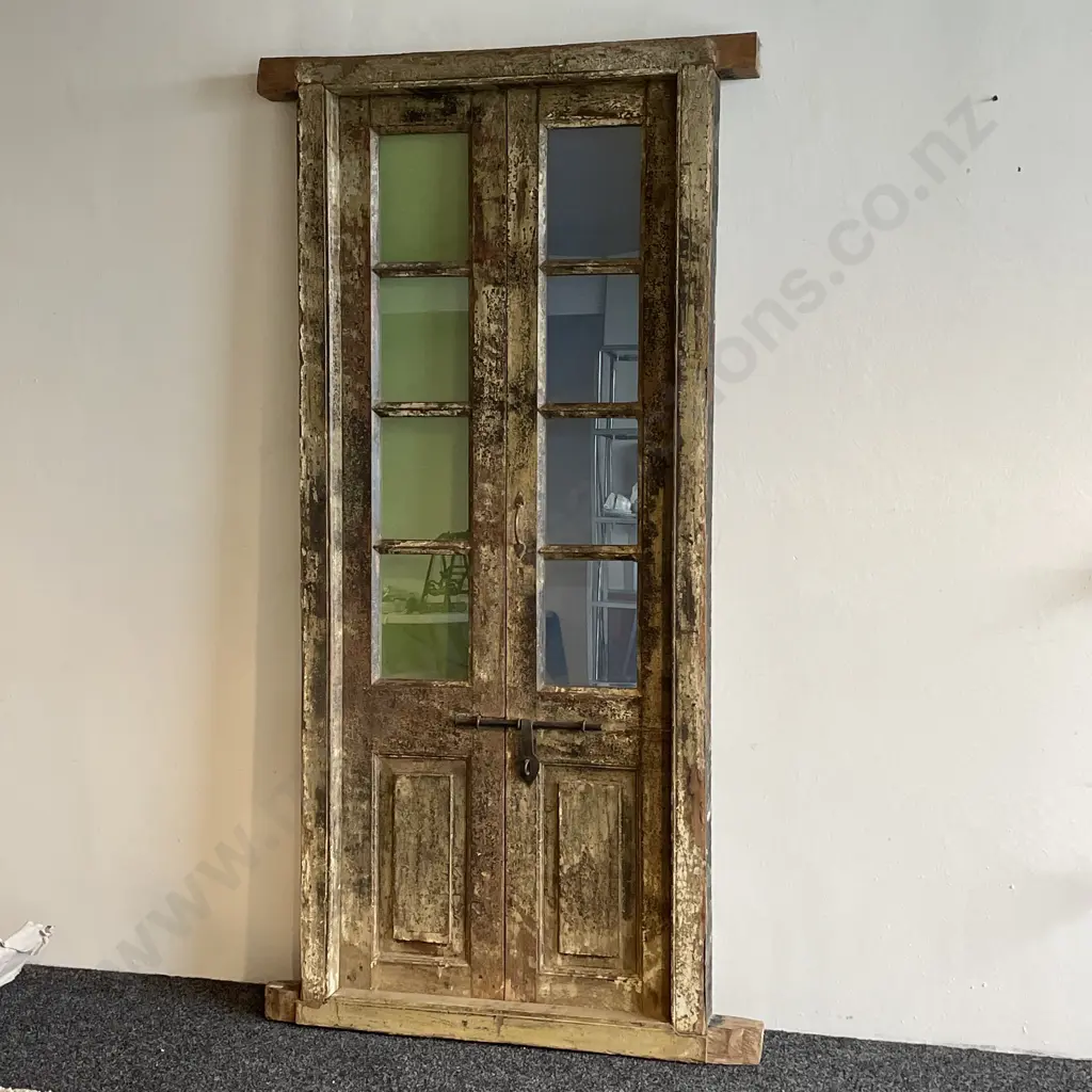 Vintage Teak Double Door with segmented glass panels (green and blue) with iron latch and brass handle. W90cm H2.13m Image 1++