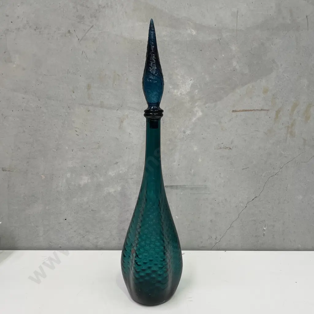 Vintage Italian Empoli? Teal Glass Genie Bottle (different Stopper). Original Label Image 1++
