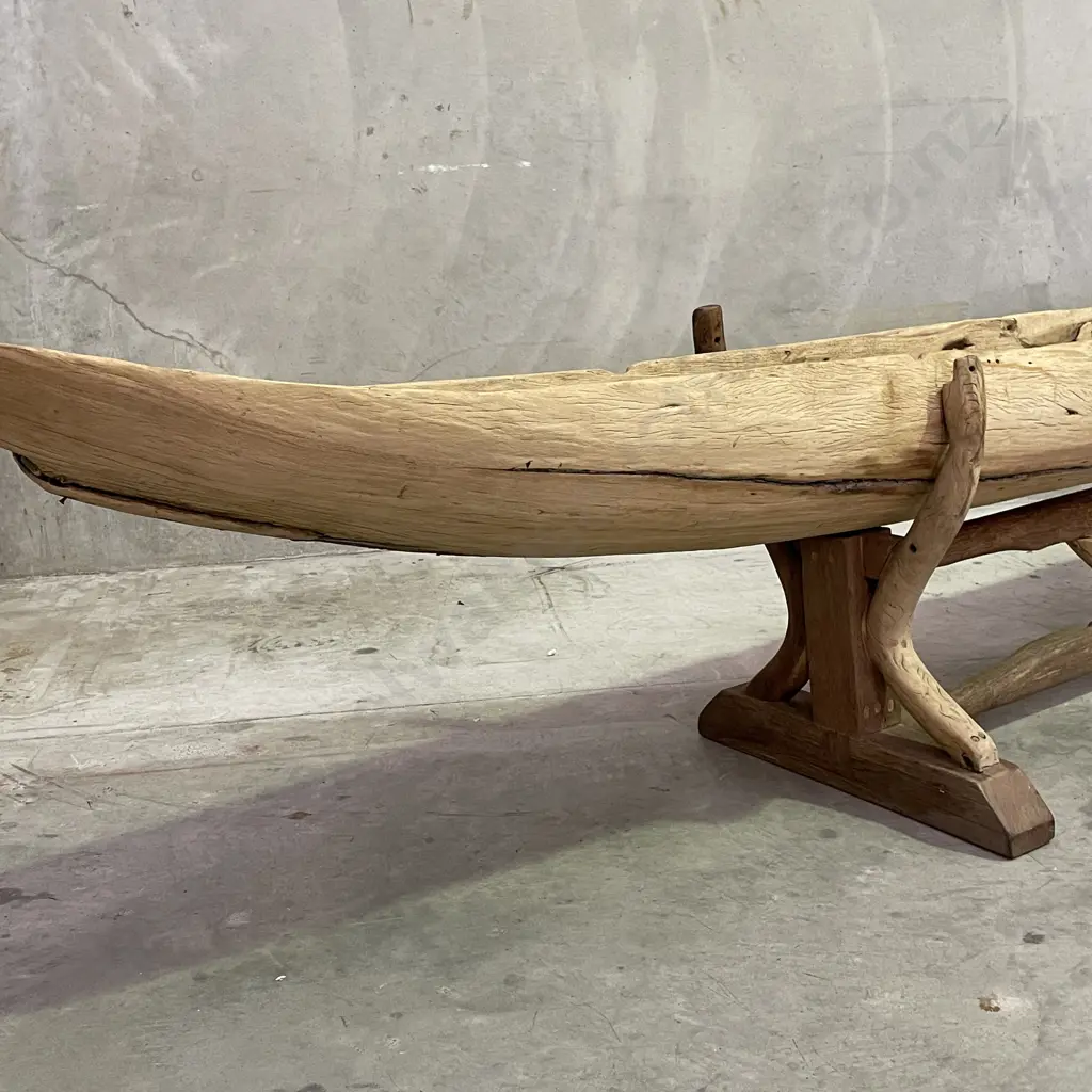 Rare Teak Original Vintage Village Canoe with Paddle and Stand. L3.7m, Height on stand 69cm, Width including stand 63cm Image 1++