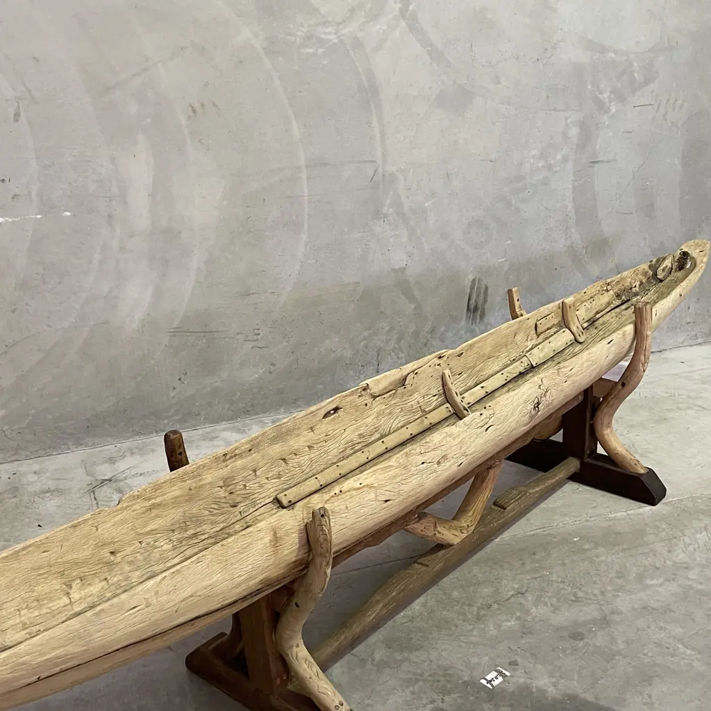 Rare Teak Original Vintage Village Canoe with Paddle and Stand. L3.7m, Height on stand 69cm, Width including stand 63cm Image 1++