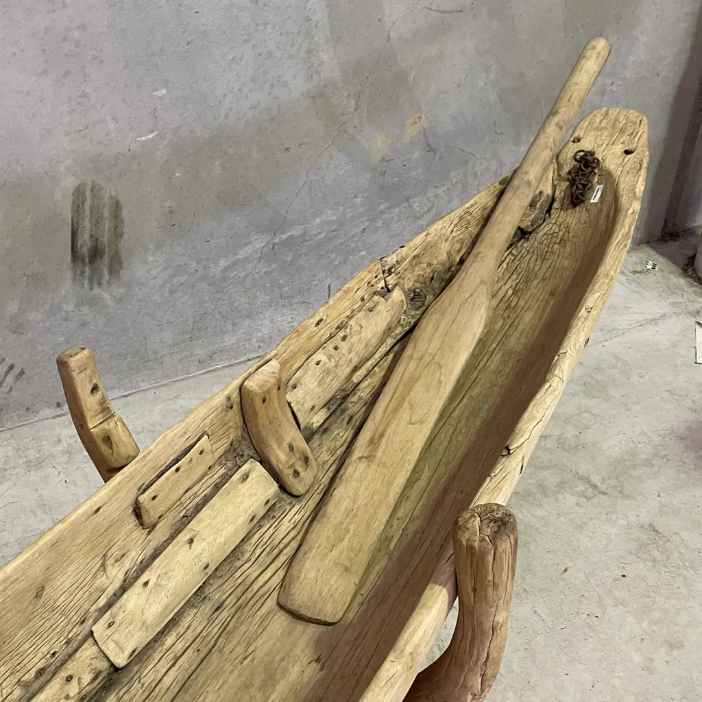 Rare Teak Original Vintage Village Canoe with Paddle and Stand. L3.7m, Height on stand 69cm, Width including stand 63cm Image 1++