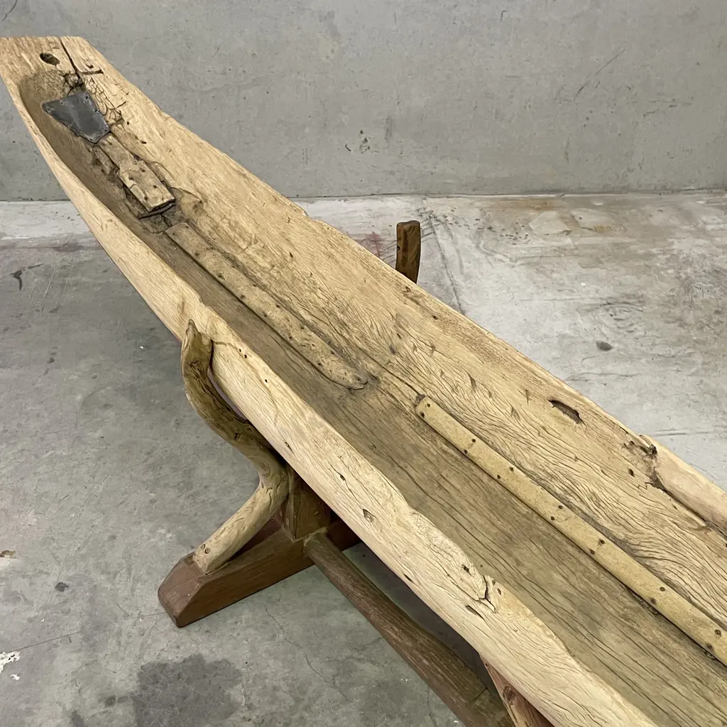 Rare Teak Original Vintage Village Canoe with Paddle and Stand. L3.7m, Height on stand 69cm, Width including stand 63cm Image 1++