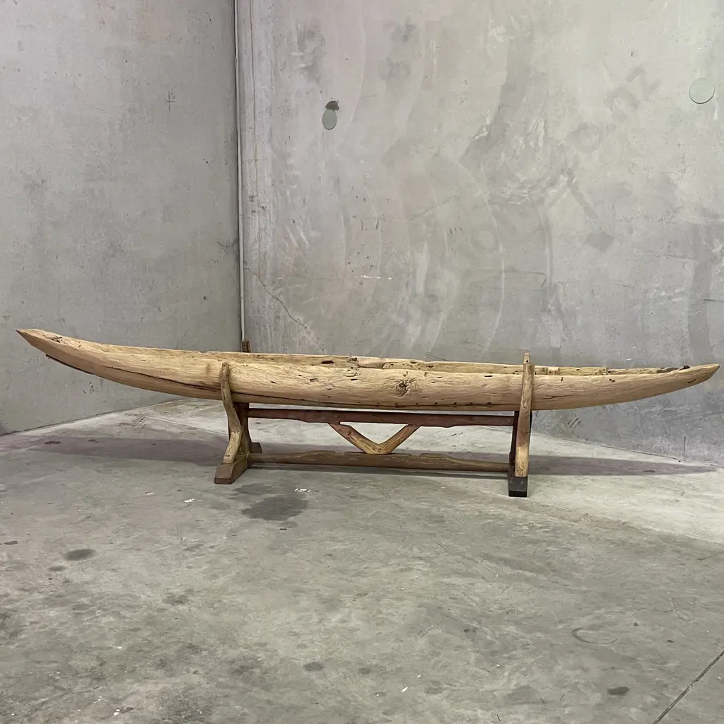 Rare Teak Original Vintage Village Canoe with Paddle and Stand. L3.7m, Height on stand 69cm, Width including stand 63cm Image 1++