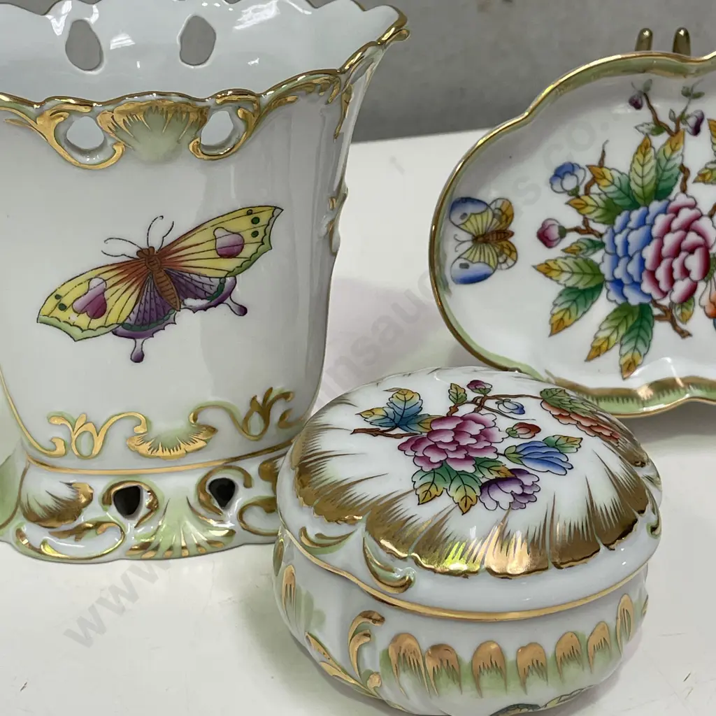 Vintage Herend Hvngary Handpainted Porcelain Vase H12cm with lidded Trinket box and dish. Butterfly and floral design. Image 1++