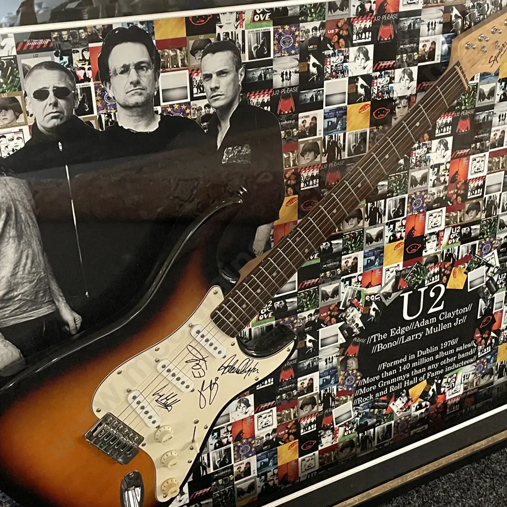 U2 Signed 3D box framed Fender electric guitar - featuring Bono, The Edge, Adam Clayton and Larry Mullen Jr Image 1++