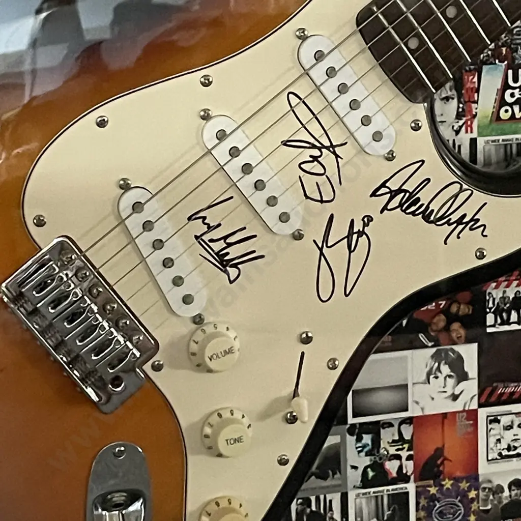 U2 Signed 3D box framed Fender electric guitar - featuring Bono, The Edge, Adam Clayton and Larry Mullen Jr Image 1++