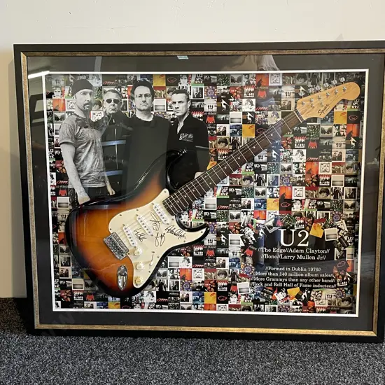 U2 Signed 3D box framed Fender electric guitar - featuring Bono, The Edge, Adam Clayton and Larry Mullen Jr