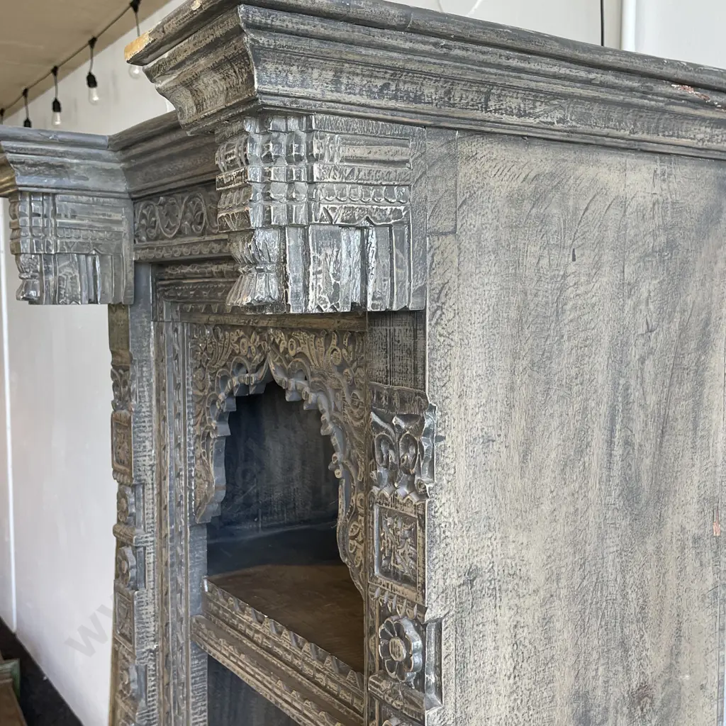 Stunning Intricately Carved 4 Tier Bookshelf/Cabinet/Storage Unit. Dark Grey Washed Solid Teak. H1.97m W78cm D56cm Image 1++