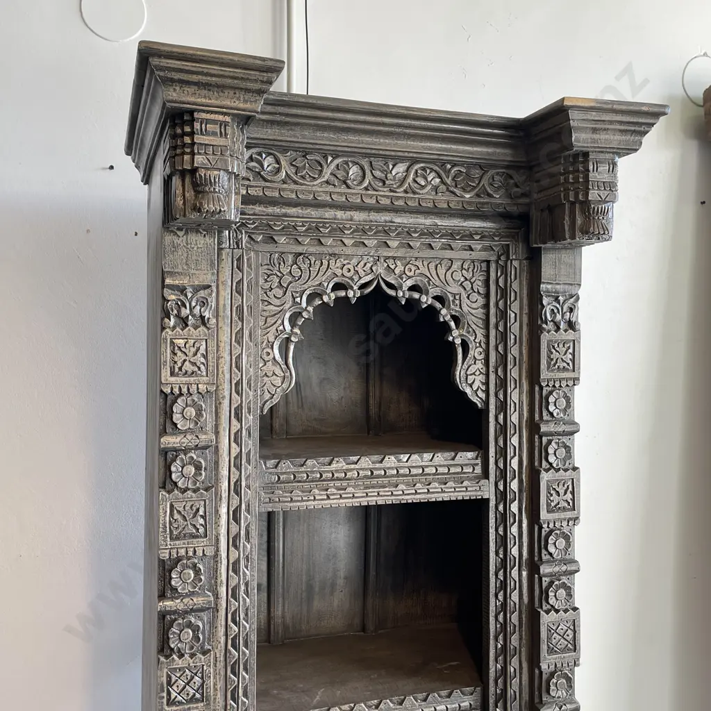 Stunning Intricately Carved 4 Tier Bookshelf/Cabinet/Storage Unit. Dark Grey Washed Solid Teak. H1.97m W78cm D56cm Image 1++