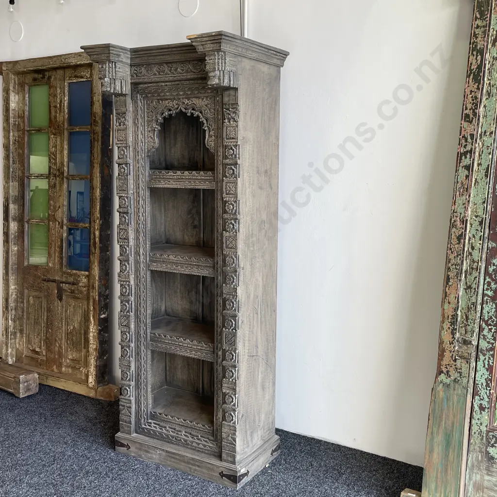 Stunning Intricately Carved 4 Tier Bookshelf/Cabinet/Storage Unit. Dark Grey Washed Solid Teak. H1.97m W78cm D56cm Image 1++