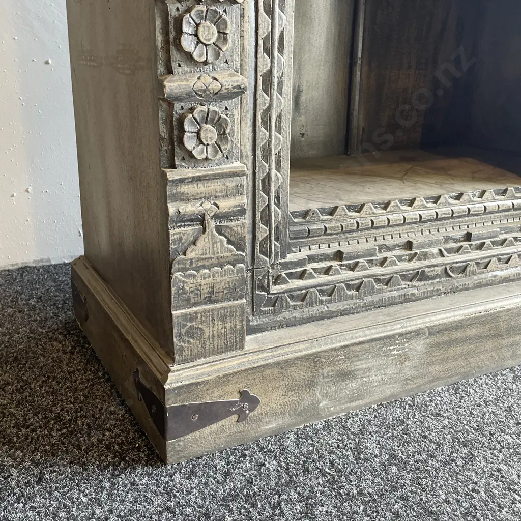 Stunning Intricately Carved 4 Tier Bookshelf/Cabinet/Storage Unit. Dark Grey Washed Solid Teak. H1.97m W78cm D56cm Image 1++