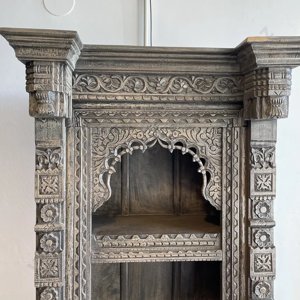 Stunning Intricately Carved 4 Tier Bookshelf/Cabinet/Storage Unit. Dark Grey Washed Solid Teak. H1.97m W78cm D56cm Image 1++