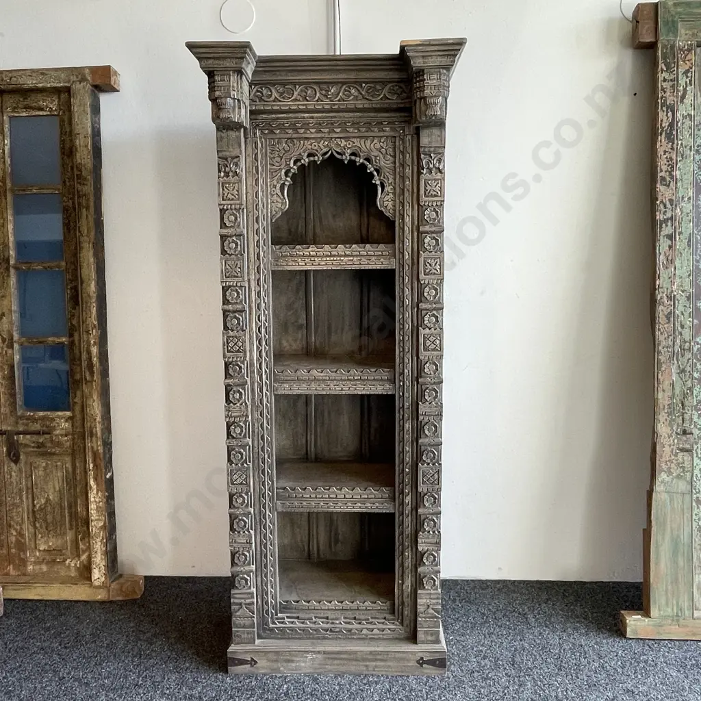 Stunning Intricately Carved 4 Tier Bookshelf/Cabinet/Storage Unit. Dark Grey Washed Solid Teak. H1.97m W78cm D56cm Image 1++