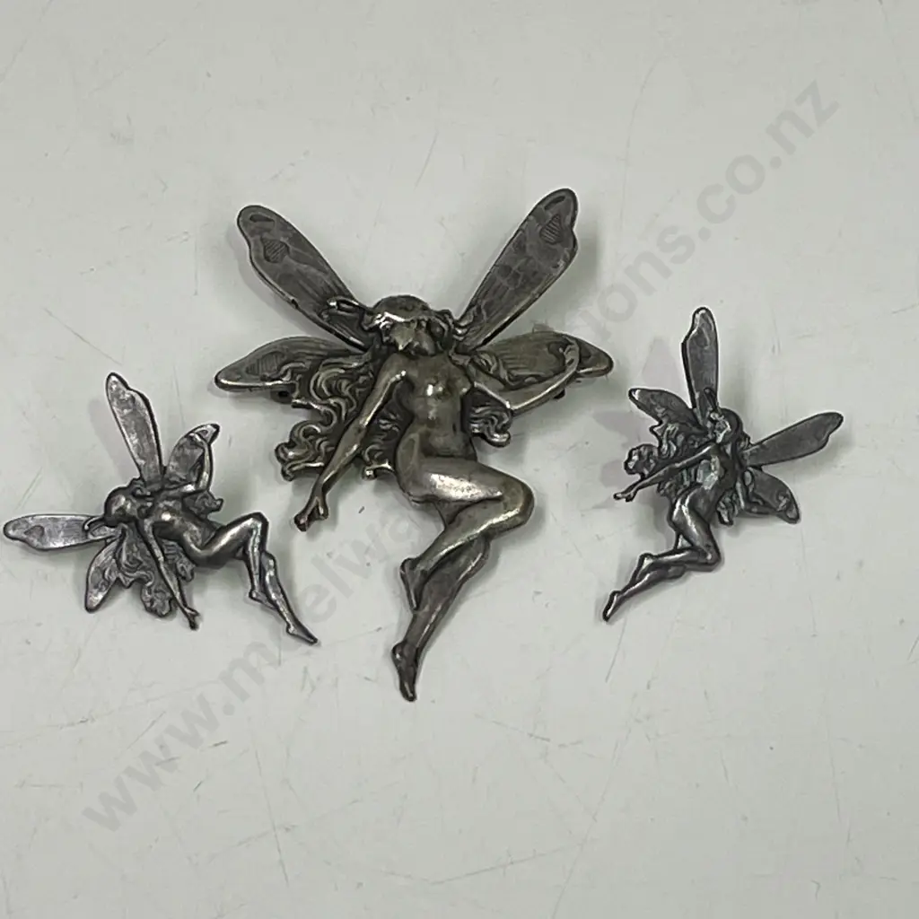 Art Nouveau Pewter? Fairy/Dragonfly Brooch and matching earrings Image 1++