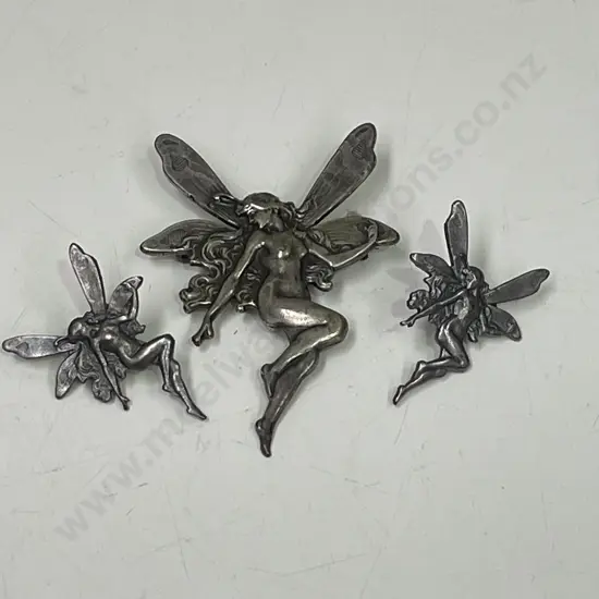 Art Nouveau Pewter? Fairy/Dragonfly Brooch and matching earrings