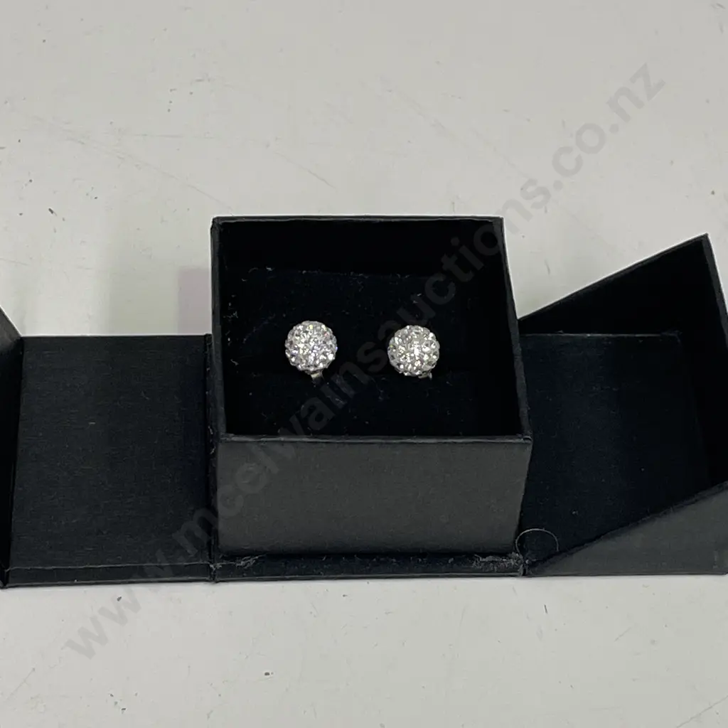 Boxed Sterling Silver and Diamante Ball Earrings. Stamped 925 Image 1++