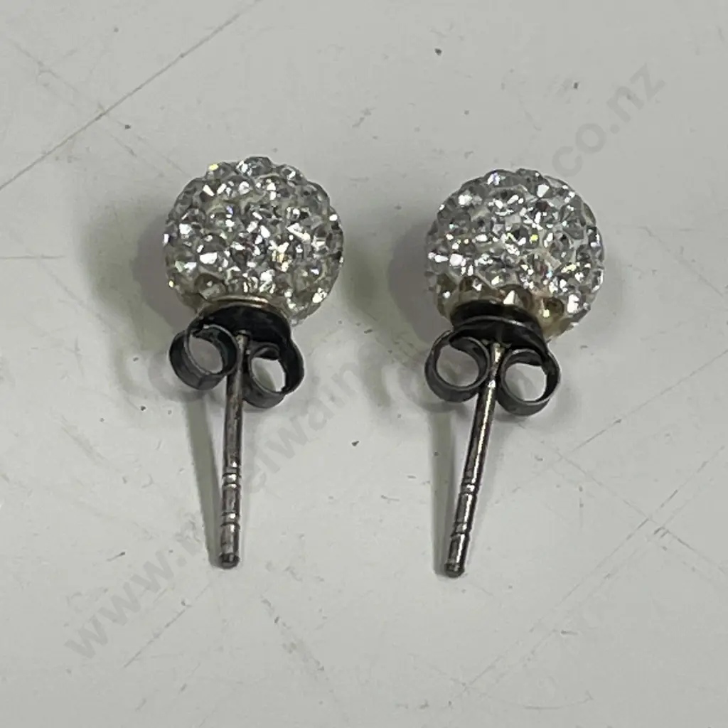 Boxed Sterling Silver and Diamante Ball Earrings. Stamped 925 Image 1++