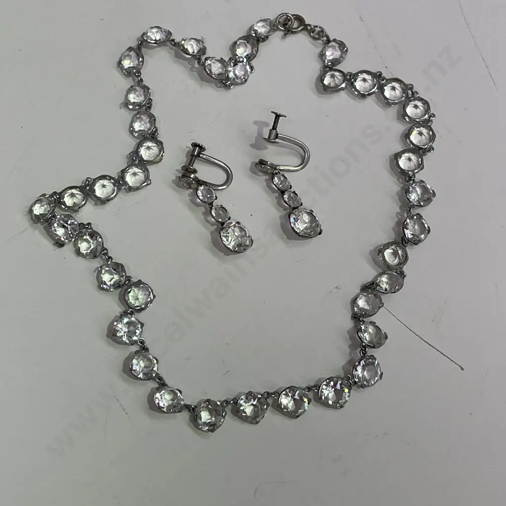 Vintage Stamped Silver and Diamante Necklace and Matching Earrings Image 1++