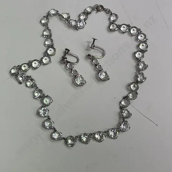 Vintage Stamped Silver and Diamante Necklace and Matching Earrings
