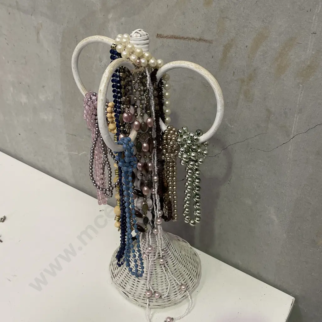 Vintage White Wicker Jewellery Tree with Assorted Necklaces Image 1++