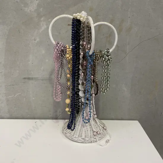 Vintage White Wicker Jewellery Tree with Assorted Necklaces