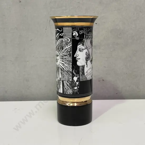 Vintage Mid Century Hollohaza Hungarian Porcelain Vase. Sun and Art Nouveau Lady design. H20cm
